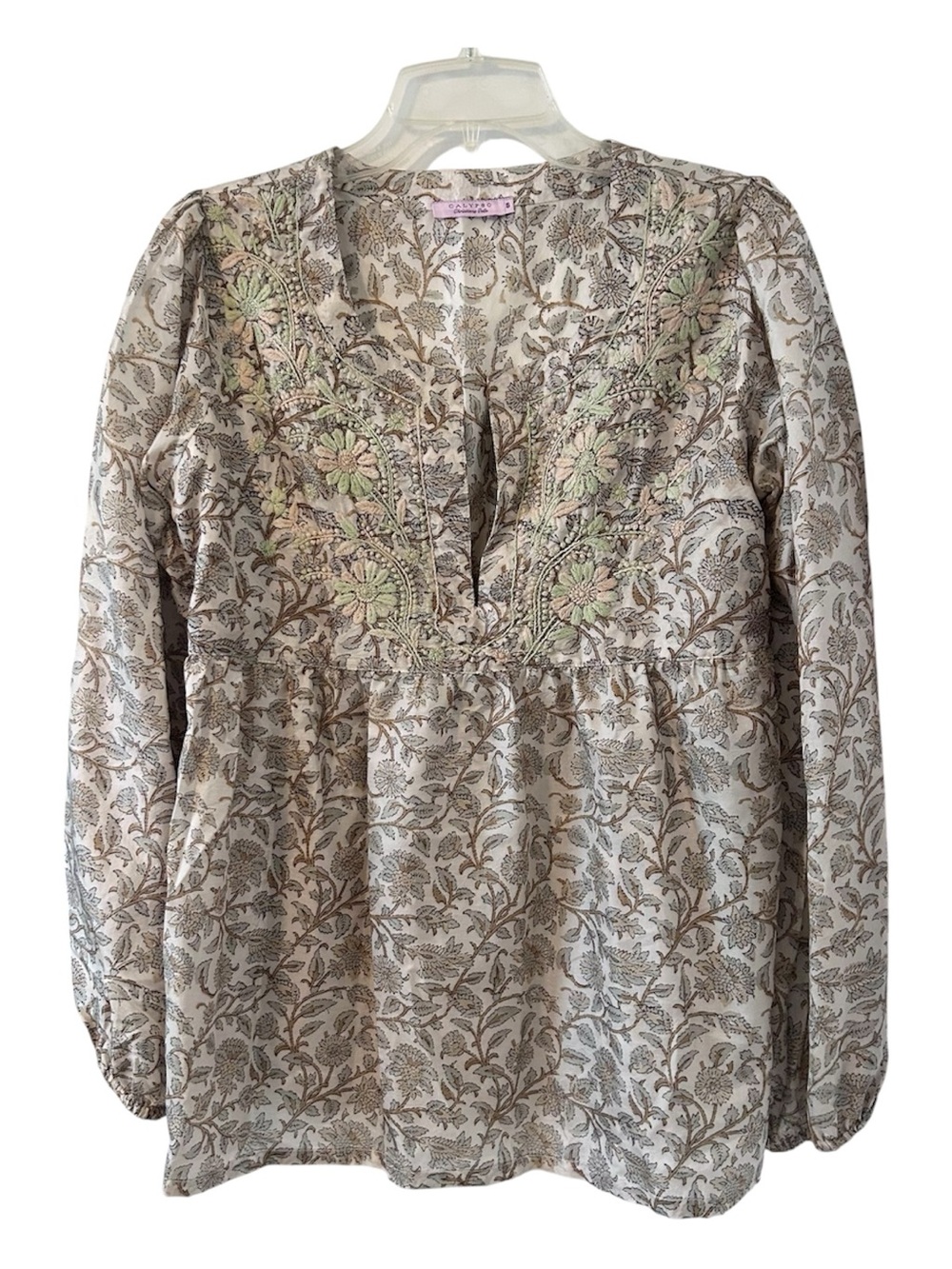 Calypso Christiano Gelle Cream Tunic with Sage Floral Embroidery